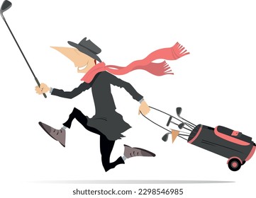 Young man running to play golf.
Wind. Weather. Cartoon running man in the hat and scarf holding a golf club and golf bag
