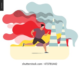 Young man running in smog, gas-polluted air. Flat vector cartoon illustration of a young sportsman running along the urban street, with a lot of smoke and industrial pipes smoking on the background.