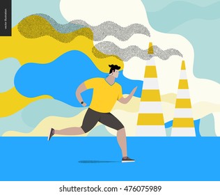 Young man running in smog, gas-polluted air. Flat vector cartoon illustration of a young sportsman running along the urban street, with a lot of smoke and industrial pipes smoking on the background.