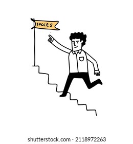 The young man running up to the stair for grabbing success flag, Vector Illustration cartoon doodles style, Hand drawn Vector Illustration doodle style