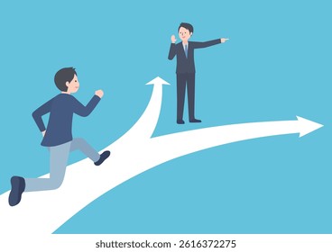 A young man running and a man in a suit pointing the way