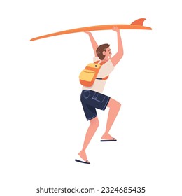 Young man running with suitcase and surfboard. Tourist going on summer vacation trip cartoon vector illustration