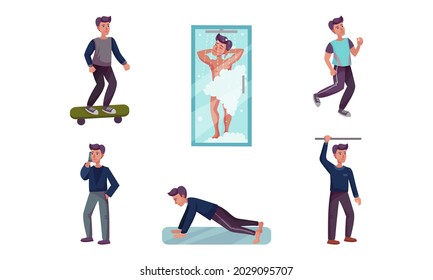 Young Man Running, Taking Shower and Skateboarding Vector Illustration Set