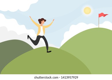 Young man running to the top of the mountain to get the success flag. Business goal. Success and achievement concept. Vector illustration.