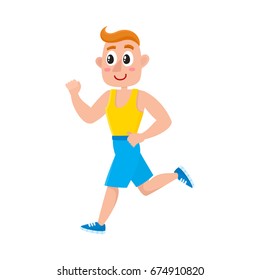 Young man running, training in gym, doing sport exercises, cartoon vector illustration isolated on white background.  
