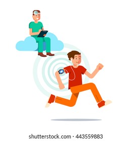 Young man running and using smartphone as a fitness tracker. Doctor using cloud computing and AI is gathering health data to provide better healthcare. Flat style vector illustration template.