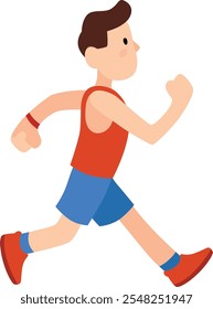 Young man is running, wearing a red sleeveless shirt and blue shorts, promoting the benefits of physical activity for overall well being