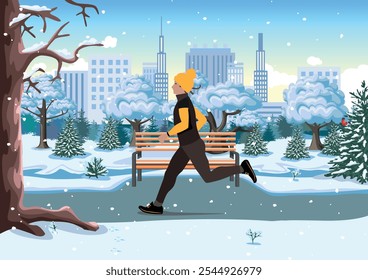 Young man running in winter city park. Sports and recreation. Healthy lifestyle. Flat vector illustration.