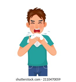 Young man with runny nose holding a handkerchief or tissue sneezing and blowing because of fever, cold, flu, allergy, virus infection 