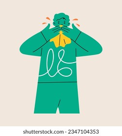 Young man with runny nose. Unhappy sick character with symptoms of a flu allergy. Colorful vector illustration