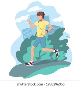 Young man runs along the road wearing headphones with a fitness bracelet and a bottle of water. Illustration of doing sports in nature and a healthy lifestyle. Vector illustration.
