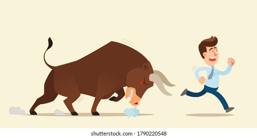 A young man runs away from an angry bull. The businessman runs away from problems and troubles. Vector illustration, flat design, cartoon style, isolated background.