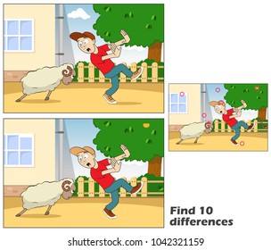 Young man runs away from a ram. Find 10 differences. Educational game for children. Cartoon vector illustration. Eps 10
