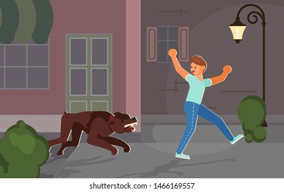 A young man runs from the dog down the street. Huge homeless aggressive mongrel attacks people. Flat Art Vector illustration