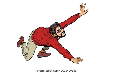 The young man runs and falls. Bearded hipster active lifestyle