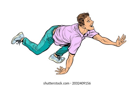 A young man runs and falls. The guy stumbled