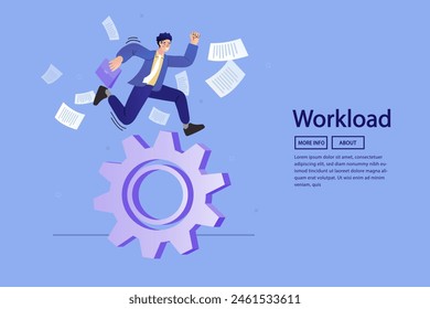 A young man runs on a lot of cogs and documents. Taxes and jobs. Efficiency in business, work productivity. Very busy run. Career ladder, business development. vector illustration.