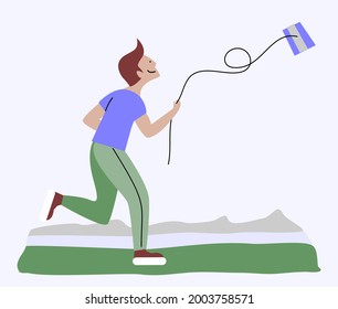  A young man runs outdoor with a credit card like a kite. A guy with white skin, a fashionable haircut, wears a colored T-shirt, sneakers with thick soles. Illustration in a simple flat style.