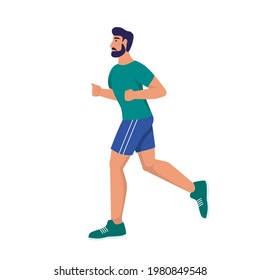 A young man runs. Sports at home, street workout, healthy lifestyle. Flat cartoon vector illustration.