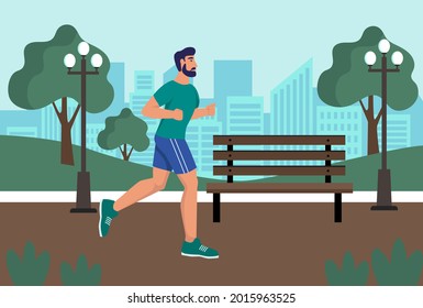 A young man runs through the park. Sports, a healthy lifestyle. Flat vector illustration