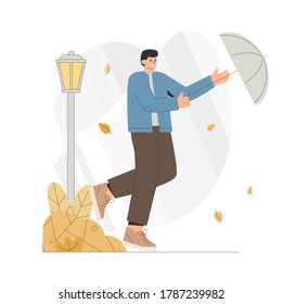 Young man runs with an umbrella in a windy autumn. Flat style vector illustration.