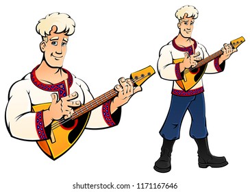 Young man in a Russian traditional national costume plays a balalaika.