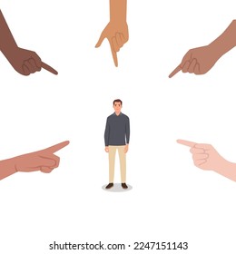 Young man Sad depressed, ashamed man surrounded by hands pointing him out with fingers. Harassment shame victim. Social disapproval blame and accusation concept. Flat vector illustration isolated