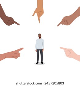 Young man Sad depressed, ashamed man surrounded by hands pointing him out with fingers. Flat vector illustration isolated on white background