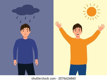 Young man in sad and happy mood in flat design. Positive and negative thinking comparison. Mental health care concept.