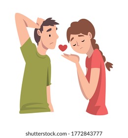 El joven está triste por la propuesta de amor por una chica. Amor indiviso. Ilustración vectorial.
