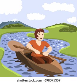 Young man sailing a boat in river. Peace of mind. Happiness, freedom, mindfulness concept illustration vector.
