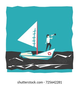 Young man sailing on a boat, looking into spyglass, vector illustration