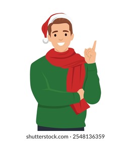 Young Man in Santa Claus holding up index finger. Flat vector illustration isolated on white background