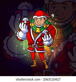 The young man with santa costume gives the gift esport mascot design of illustration