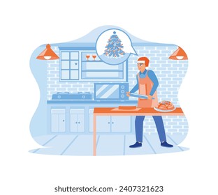 Young man in Santa hat cooking in home kitchen. Prepare cakes and food to eat together at Christmas. Family sharing Christmas Eve concept. trend modern flat vector illustration