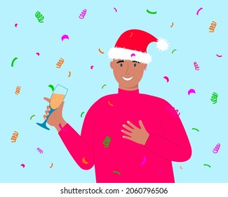 Young man in Santa hat holding glass with champagne and giving toast. Smiling guy celebrating Christmas, New Year. Vector flat illustration.