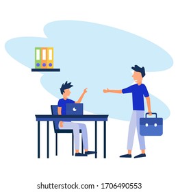 The young man sat at a desk with a computer and his colleague pointed to the screen and gave advice. Blue themed interior. Office business concept. Modern vector illustration.