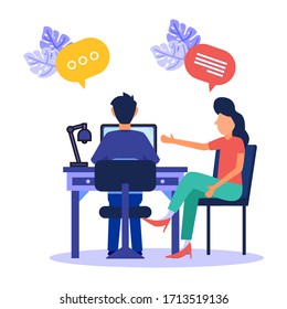 The young man sat at a desk with a computer and his officemate pointed to the screen and gave advice. Office business concept. Modern vector illustration.