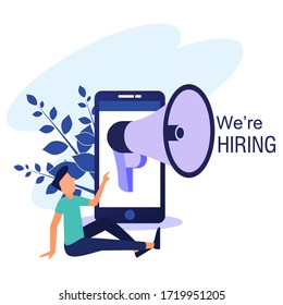 The young man sat on the floor and looked up in search of employees. We rented banners. The concept of recruiting and recruiting. Vector illustration.