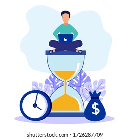 The young man sat on an hourglass and worked on his laptop's business process icons and infographics in the background. Business concepts, productivity and time management. Flat vector.