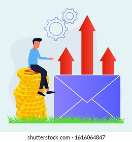 the young man sat on a pile of coins next to a large envelope and the graphics continued to climb. Financial consultant, successful and happy. Modern vector illustration