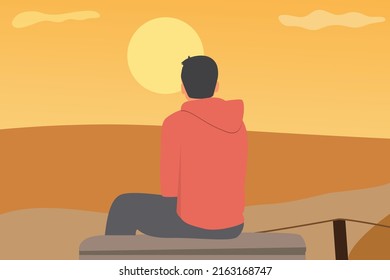 The young man sat and watched the sunrise in the morning, as long as he was alive, there was always hope. vector illustration