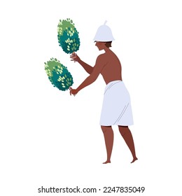 Young Man in Sauna Wearing Hat and Towel Holding Bath Broom Vector Illustration