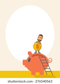 A young man saving his money by putting a coin in big piggy bank using a ladder. Saving concept. A Contemporary style with pastel palette, soft beige tinted background. Vector flat design illustration