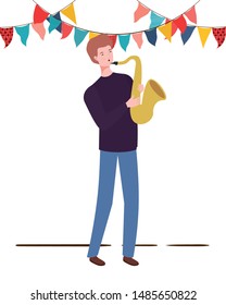 young man with saxophone on white background