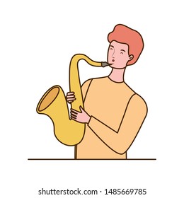 young man with saxophone on white background