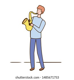 young man with saxophone on white background