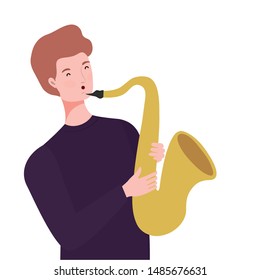 young man with saxophone on white background