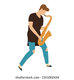 Young man with saxophone. Vector isolated flat illustration