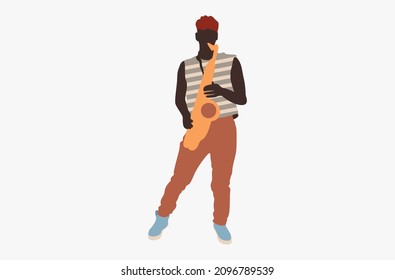 Young man with saxophone. Vector isolated flat illustration